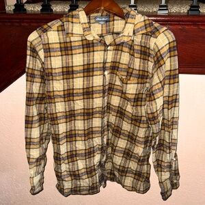 Eddie Bauer Mens Size Small Tan & Brown Plaid Flannel Long Sleeve Casual Shirt